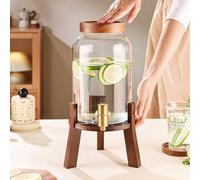 Dispenser per bevande con beccuccio, contenitore in vetro con supporto in legno e coperchio per succo o tè, soluzione ideale per matrimoni ed eventi (capacità 6 litri)