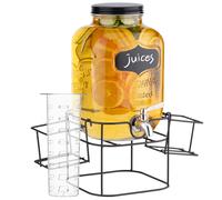 Navaris Dispenser per Bevande in Vetro 5 Litri - Distributore Acqua con Rubinetto e Supporto in Ferro - Drink Dispenser per Bibite Fredde - Set con Portabicchieri Laterali