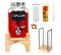 Dispenser per bevande in vetro con supporto, dispenser per bevande da 3,8 l per feste con portabicchiere, include un infusore per ghiaccio e frutta, un rubinetto in acciaio inossidabile 18/8