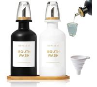 Dispenser per collutorio in vetro da 334,5 g, con vassoio in bambù e ugello in acciaio, decanter per collutorio in vetro con imbuto, tazza riutilizzabile, per bagno, casa, camera da letto, ufficio