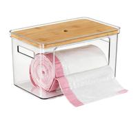 Dispenser per sacchetti della spazzatura, 29,5 x 19 x 18 cm, contenitore compatto, custodia trasparente in PET trasparente, organizer impilabile salvaspazio con fessura frontale, per riporre sacchetti