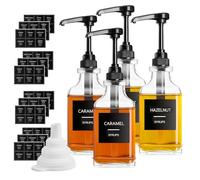 Dispenser per sciroppo, confezione da 4, 500 ml, in vetro, con eleganti pompe, 72 etichette e imbuto, per bar, cucina, miele, tè al latte