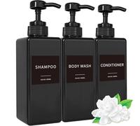 Dispenser per shampoo e balsamo, flaconi di plastica ricaricabili con etichette impermeabili, set per bagnoschiuma vuoti per il bagno, flaconi per sapone per la doccia (nero, set da 3, 500 ml)