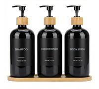 Dispenser per Shampoo e Balsamo Set 3 Pezzi - Flaconi Doccia PET Ricaricabili da 600ml con Pompa in Plastica di Bambù, Vassoio in Bambù, Imbuto ed Etichette, Dispenser per Gel Doccia per Doccia (Nero)