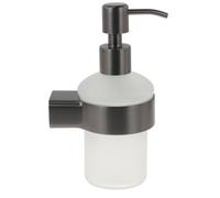 Dispenser porta sapone stilizzato in acciaio grigio fumè e vetro satinato