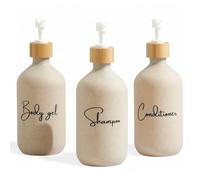Dispenser sapone bagno beige da 500 ml con dettagli in bambù - Set di 3 flaconi per gel, shampoo e balsamo - Porta sapone bagno elegante e funzionale per mantenere la doccia ordinata e decorata