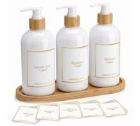 Dispenser Sapone Bagno Set da 3 Flaconi 500 ml con Vassoio in Bambù, Bianco | Dispenser Doccia per Shampoo, Balsamo e Bagnoschiuma, Dosatore e Portasapone Liquido Ricaricabile