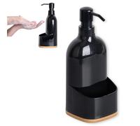 Dispenser Sapone Cucina con Porta Spugna e Base in Bambù, Nero | Portasapone in plastica, dosatore detersivo piatti, organizzatore lavello compatto, 9.5x22 cm