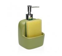 Dispenser Sapone Liquido in Ceramica Lucido con Vano Porta Spugna e Pompa Cromata - Dosatore Moderno per Bagno e Cucina, Ideale anche per Detersivo Piatti (Verde)