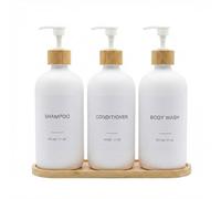 Dispenser Shampoo e Balsamo Set 3 Pezzi - Flaconi Doccia PET Ricaricabili da 600ml con Pompa in Plastica di Bambù, Vassoio in Bambù, Imbuto ed Etichette, Dispenser per Gel Doccia per Doccia (Bianco)
