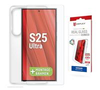 DISPLEX Pellicola protettiva in vetro (10H) + custodia protettiva per Samsung Galaxy S25 Ultra, cornice di montaggio, + custodia, vetro temperato, pellicola protettiva antigraffio