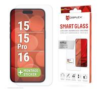 Displex Smart Glass (9H) per Apple iPhone 15/15 Pro/16, adesivo di montaggio, infrangibile, ultra sottile, invisibile