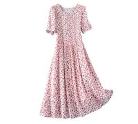 DISSA Abito da donna in seta con scollo rotondo, a maniche corte, 100% seta, traspirante, a vita alta, pieghe, lunghezza al ginocchio, mulberry, Colore: rosa., 48