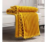 DISSA Coperta in pile, dimensioni: 51 x 63 cm, giallo, morbida, soffice, soffice, calda, accogliente, perfetta per divano, letto, divano, con frange di flanella con pompon