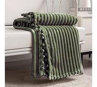 DISSA Coperta in pile per letto matrimoniale, 51 x 63 cm, verde oliva, morbida, soffice, soffice, calda, accogliente, perfetta per divano, letto, divano, con frange con pompon
