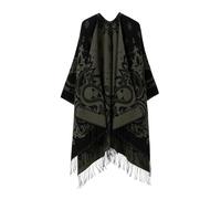 DISSA Poncho da donna con parte anteriore aperta, morbido berretto a maglia, caldo, sciarpa con frange, per primavera, autunno e inverno, P076, verde scuro, Taglia unica