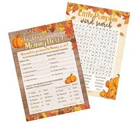 DISTINCTIVS Rustic Fall Little Pumpkin Baby Shower Games - Ricerca di parole e Mommy Trivia 2-Game Bundle, 20 carte a due lati per feste autunnali del bambino
