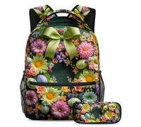 Distinguiti con stile con il set di 2 zaini per bambini per ragazzi ragazze adolescenti, zaino e astuccio, ghirlanda verde di buona Pasqua, Multicolore, B:29.4x20x40cm P:19x7.5x3.8cm, Zaini Daypack