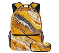 Distinguiti dalla folla con il nostro zaino e astuccio combinato, ideale per ragazzi, ragazze e adolescenti, texture marmo giallo, Multicolore, B：29.4x20x40cm P：19x7.5x3.8cm, Zaini Daypack