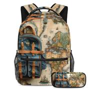 Distinguiti dalla folla con il nostro zaino e astuccio combinato, ideale per ragazzi, ragazze e adolescenti, motivo mappa di viaggio, Multicolore, B：29.4x20x40cm P：19x7.5x3.8cm, Zaini Daypack