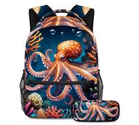 Distinguiti dalla folla con il nostro zaino e astuccio combinato, ideale per ragazzi, ragazze e adolescenti, polpo carino, Multicolore, B：29.4x20x40cm P：19x7.5x3.8cm, Zaini Daypack