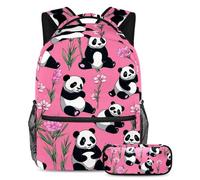 Distinguiti dalla folla con il nostro zaino e astuccio da 2 pezzi, esclusivo set di zaini per la scuola per ragazzi, ragazze, adolescenti, simpatico panda su rosa, Multicolore, B：29.4x20x40cm\