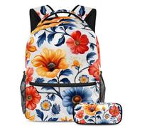 Distinguiti dalla folla con il nostro zaino e astuccio da 2 pezzi, esclusivo set di zaini per la scuola per ragazzi, ragazze, adolescenti, fiori colorati, Multicolore, B：29.4x20x40cm P：19x7.5x3.8cm,