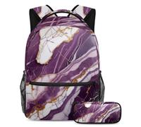 Distinguiti dalla folla con il nostro zaino e astuccio da 2 pezzi, esclusivo set di zaini per la scuola per ragazzi, ragazze, adolescenti, texture marmo viola, Multicolore, B：29.4x20x40cm\