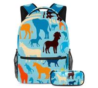 Distinguiti dalla folla con il nostro zaino e astuccio da 2 pezzi, esclusivo set di zaini per la scuola per ragazzi, ragazze, adolescenti, silhouette di animali blu, Multicolore, B：29.4x20x40cm\