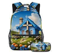 Distinguiti dalla folla con il nostro zaino e astuccio da 2 pezzi, esclusivo set di zaini per la scuola per ragazzi, ragazze, adolescenti, casa blu con croce pasquale, Multicolore, B：29.4x20x40cm\