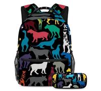Distinguiti dalla folla! Set di 2 zaini per bambini, zaino grande capacità e astuccio per ragazzi, ragazze, adolescenti, silhouette di animali neri, Multicolore, B：29.4x20x40cm P：19x7.5x3.8cm, Zaini