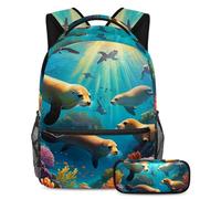 Distinguiti dalla folla! Set di 2 zaini per bambini, zaino grande capacità e astuccio per ragazzi, ragazze, adolescenti, leone marino carino, Multicolore, B：29.4x20x40cm P：19x7.5x3.8cm, Zaini Daypack