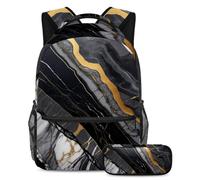 Distinguiti dalla folla! Set di 2 zaini per bambini, zaino grande capacità e astuccio per ragazzi, ragazze, adolescenti, texture marmo nero, Multicolore, B：29.4x20x40cm P：19x7.5x3.8cm, Zaini Daypack