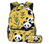 Distinguiti dalla folla! Set di 2 zaini per bambini, zaino grande capacità e astuccio per ragazzi, ragazze, adolescenti, simpatico panda su giallo, Multicolore, B：29.4x20x40cm P：19x7.5x3.8cm, Zaini