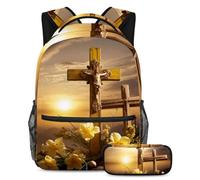 Distinguiti dalla folla, zaino con astuccio, il tuo elegante set di zaini per la scuola per ragazzi, ragazze e adolescenti, croce gialla pasquale, Multicolore, B：29.4x20x40cm P：19x7.5x3.8cm, Zaini