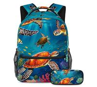 Distinguiti dalla folla, zaino con astuccio, il tuo elegante set di zaini per la scuola per ragazzi, ragazze e adolescenti, graziosa tartaruga marina, Multicolore, B：29.4x20x40cm P：19x7.5x3.8cm,