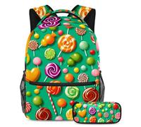Distinguiti dalla folla, zaino con astuccio, il tuo elegante set di zaini per la scuola per ragazzi, ragazze e adolescenti, motivo caramelle verdi, Multicolore, B：29.4x20x40cm P：19x7.5x3.8cm, Zaini