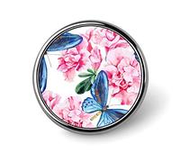 Distintivo con bottone rotondo piccolo con azalee rosa e farfalle blu, distintivi in metallo personalizzati, artigianato artistico