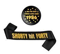 Distintivo decorativo per 40° compleanno, 2 pezzi, nero e oro, con scritta "All The Best Things Were Made 1986", con scritta "All The Best Things Were Made 1986", con scritta "Shorty Hit Forty Sash