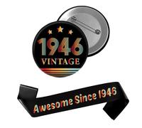 Distintivo decorativo per 80° compleanno, 2 pezzi, nero e oro, vintage Awsome Since 1946, regalo per donne, uomini, lui, lei, felice, 80 anni, pietra miliare, accessori per feste