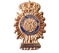 Distintivo di polizia nazionale spagnola, spilla decorativa, finitura oro con smalto blu, stile corona