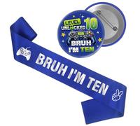 Distintivo per fascia per il decimo compleanno da gioco - 2 pezzi blu Bruh I'm Ten Birthday Sash Level 10 Unlocked Bruh I'm Ten Badge Game per ragazzi Happy 10 Years Old Decorazioni per feste e regali