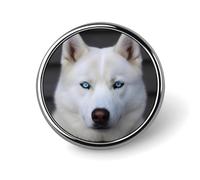 Distintivo rotondo con husky bianco dagli occhi azzurri in metallo personalizzato, adatto per abbigliamento, borse, cappello, spilla stampata umoristica, distintivo, decorazioni per feste, accessori