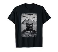 Distressed Black Cat Selfie At Pyramids Funny Vintage UFO Maglietta
