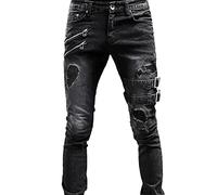 Distressed Destroyed Zipper Denim Pantaloni Pantaloni Uomo Slim Casual Fit Strappato Dritto Mid-Rise Trunks Uomo Strappato Slim Straight Fit Moto Tuta Uomo Slim Fit Stretch Jeans, Nero , L