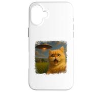 Distressed Persian Cat UFO Selfie With Invasion Alien Pet Custodia per iPhone 16 Plus
