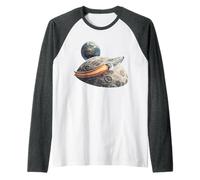 Distressed Razzo Nave con Luna e Terra Maglia con Maniche Raglan