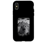 Distressed Seal Selfie At Pyramids Funny Vintage UFO Alien Custodia per iPhone X/XS
