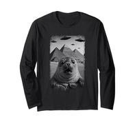 Distressed Seal Selfie At Pyramids Funny Vintage UFO Alien Maglia a Manica