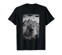 Distressed Seal Selfie At Pyramids Funny Vintage UFO Alien Maglietta